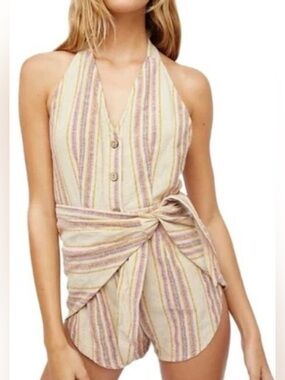 Free People Halter Stripe Wrap Romper in Cream and Lavender